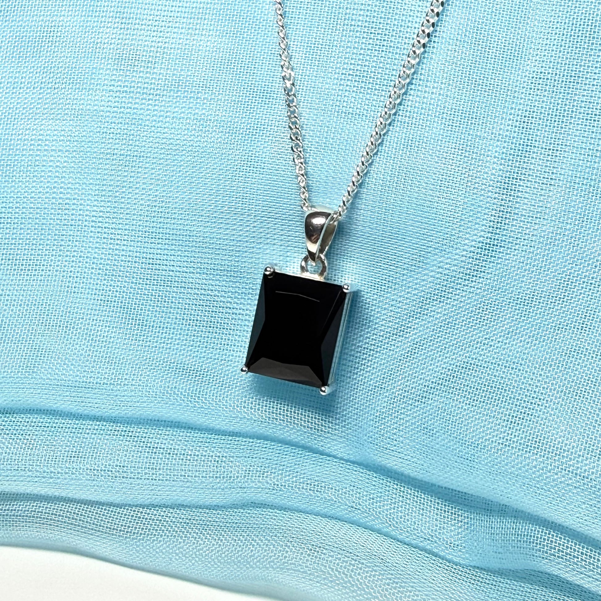 Square rectangle shaped necklace black cubic zirconia sterling silver