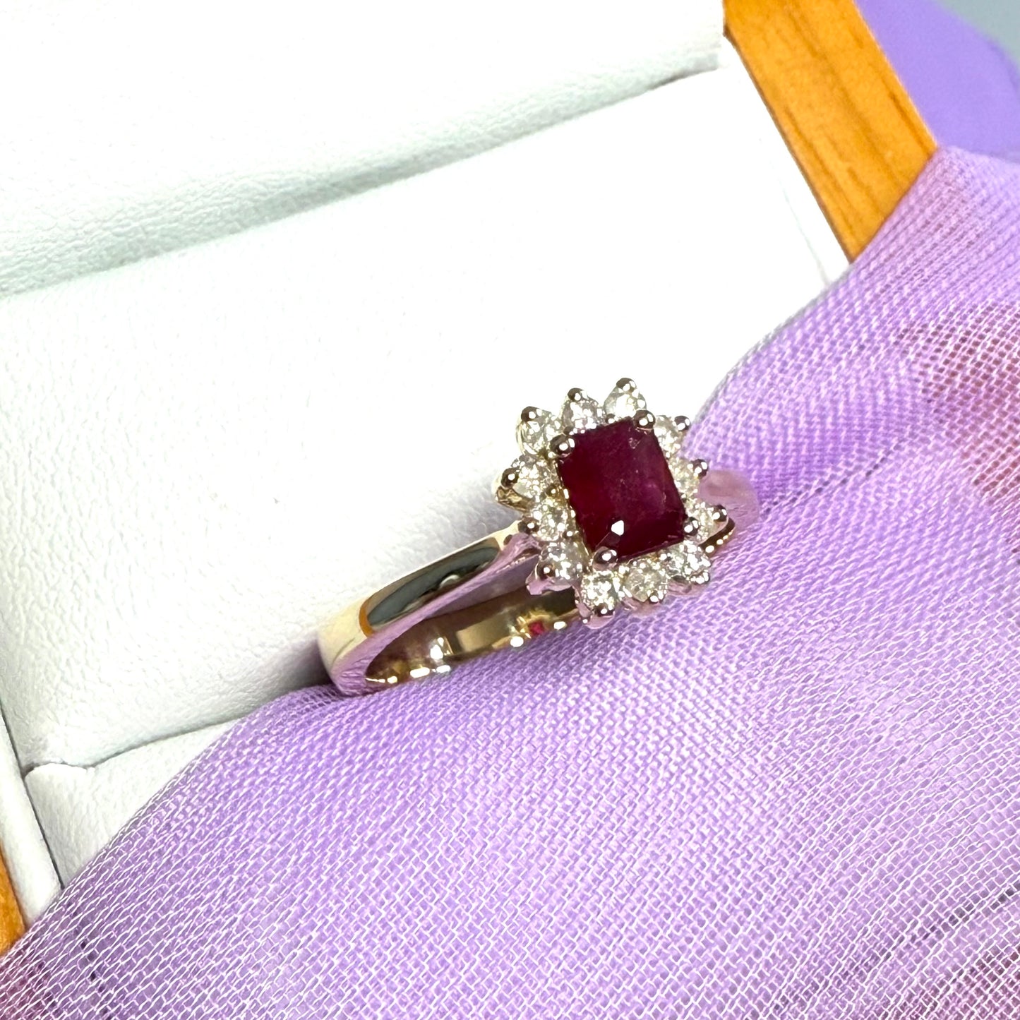 Square red real ruby and diamond yellow gold cluster ring