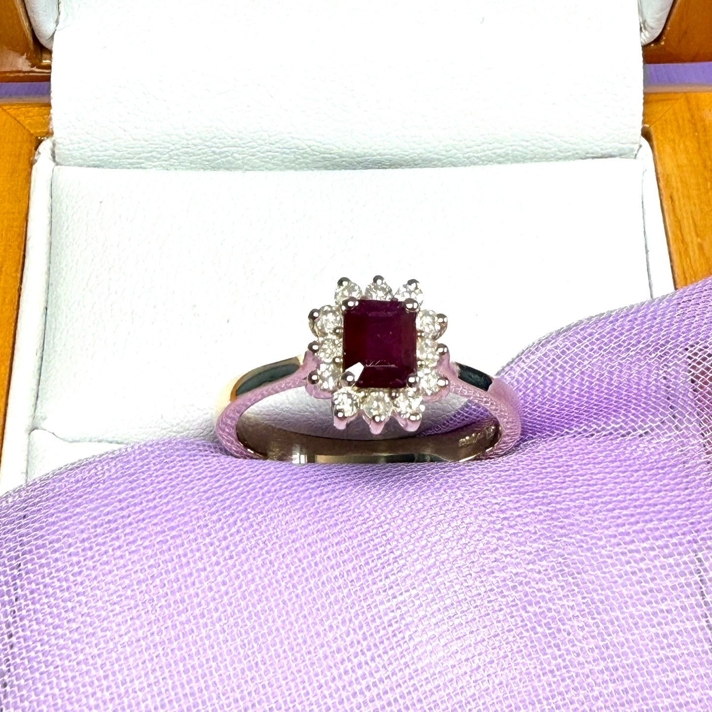 Square red real ruby and diamond yellow gold cluster ring