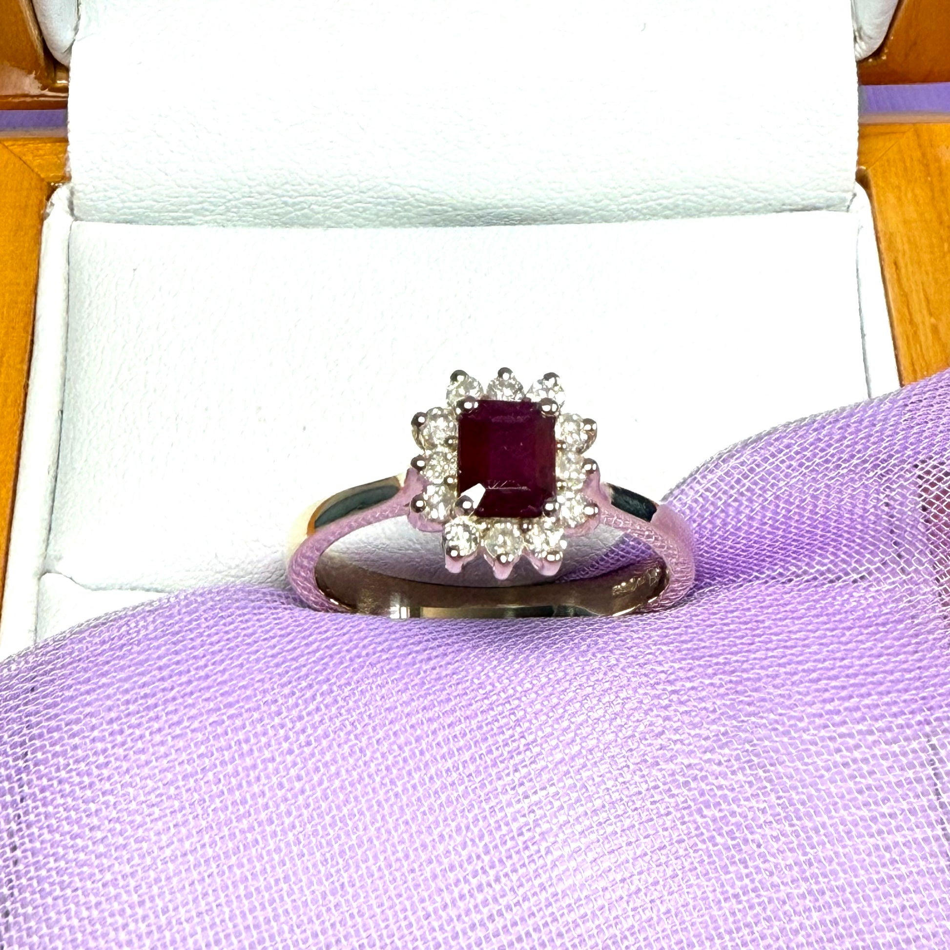 Square red real ruby and diamond yellow gold cluster ring
