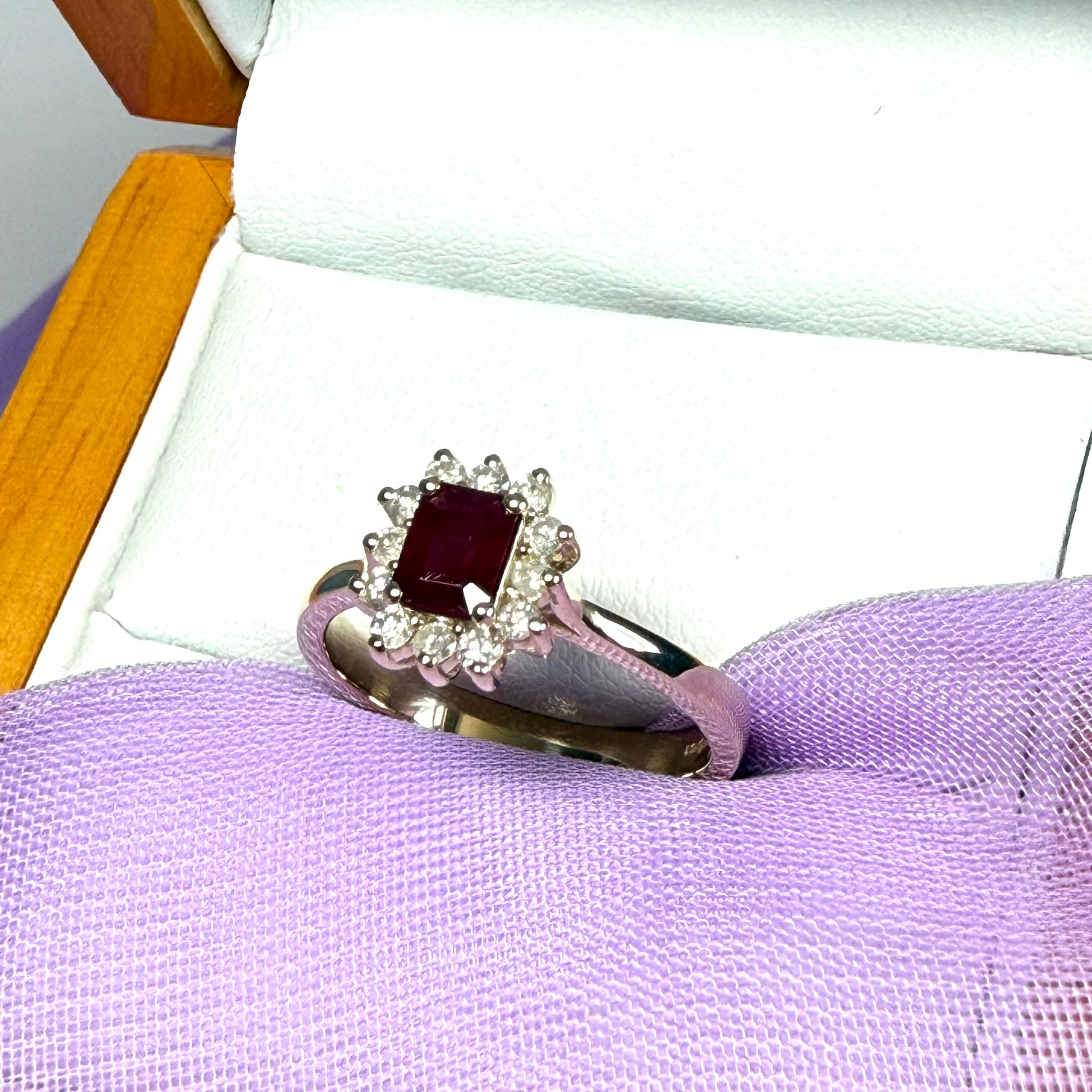 Square red real ruby and diamond yellow gold cluster ring