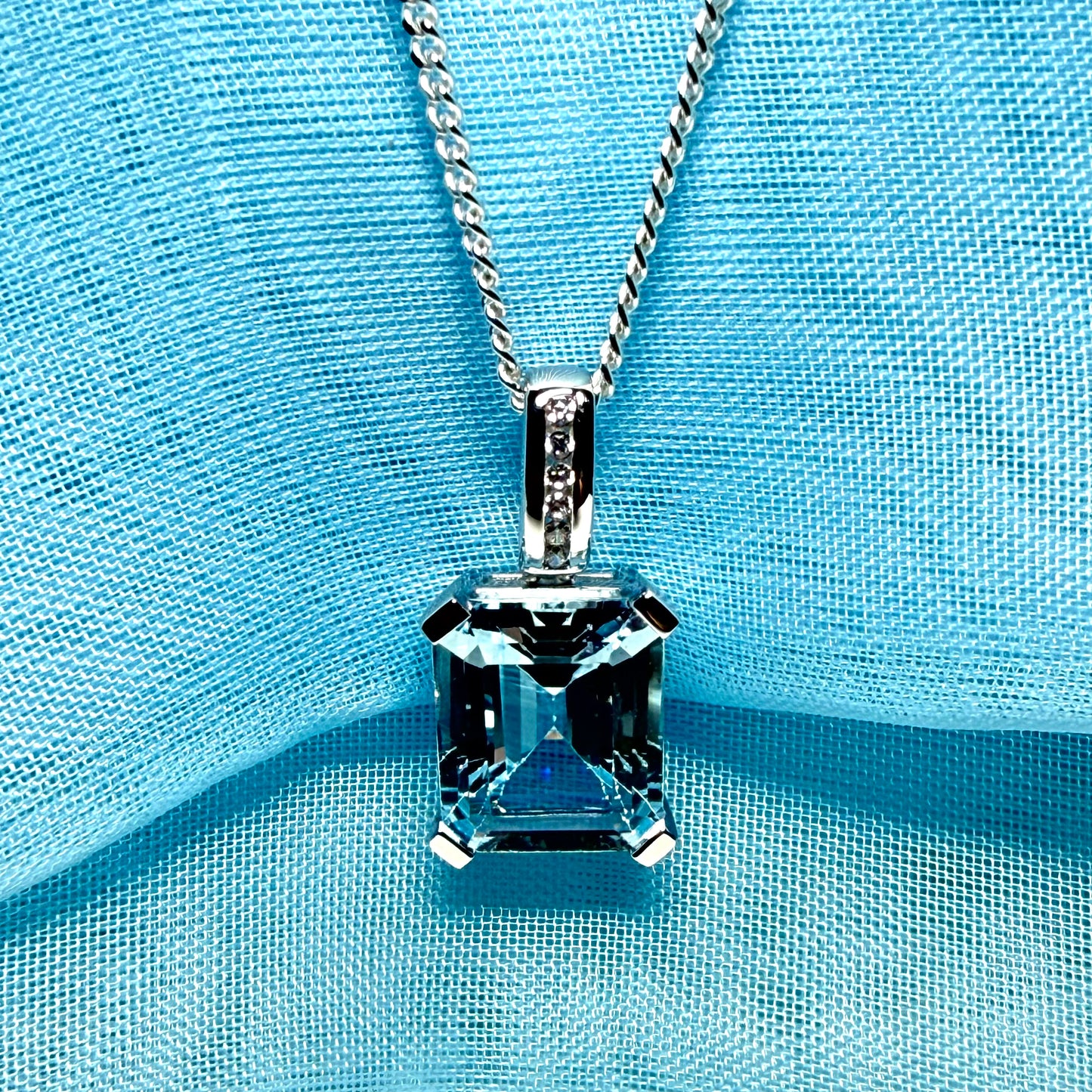 Square shaped real blue topaz necklace and cubic zirconia sterling silver pendant