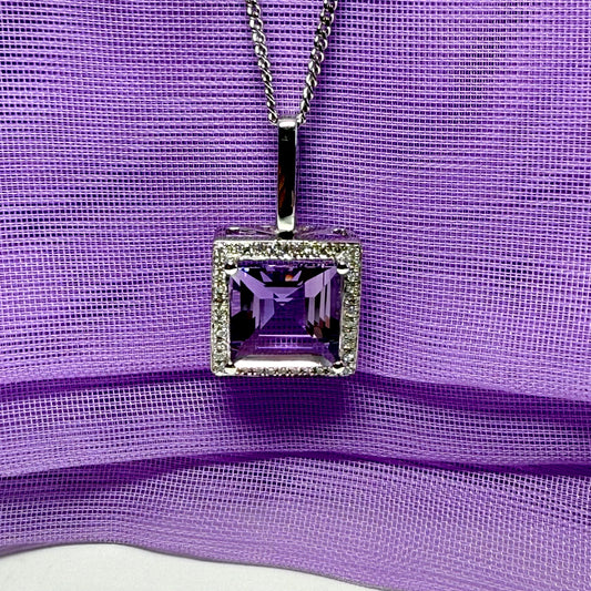 Square shaped purple real amethyst and real diamond white gold necklace pendant