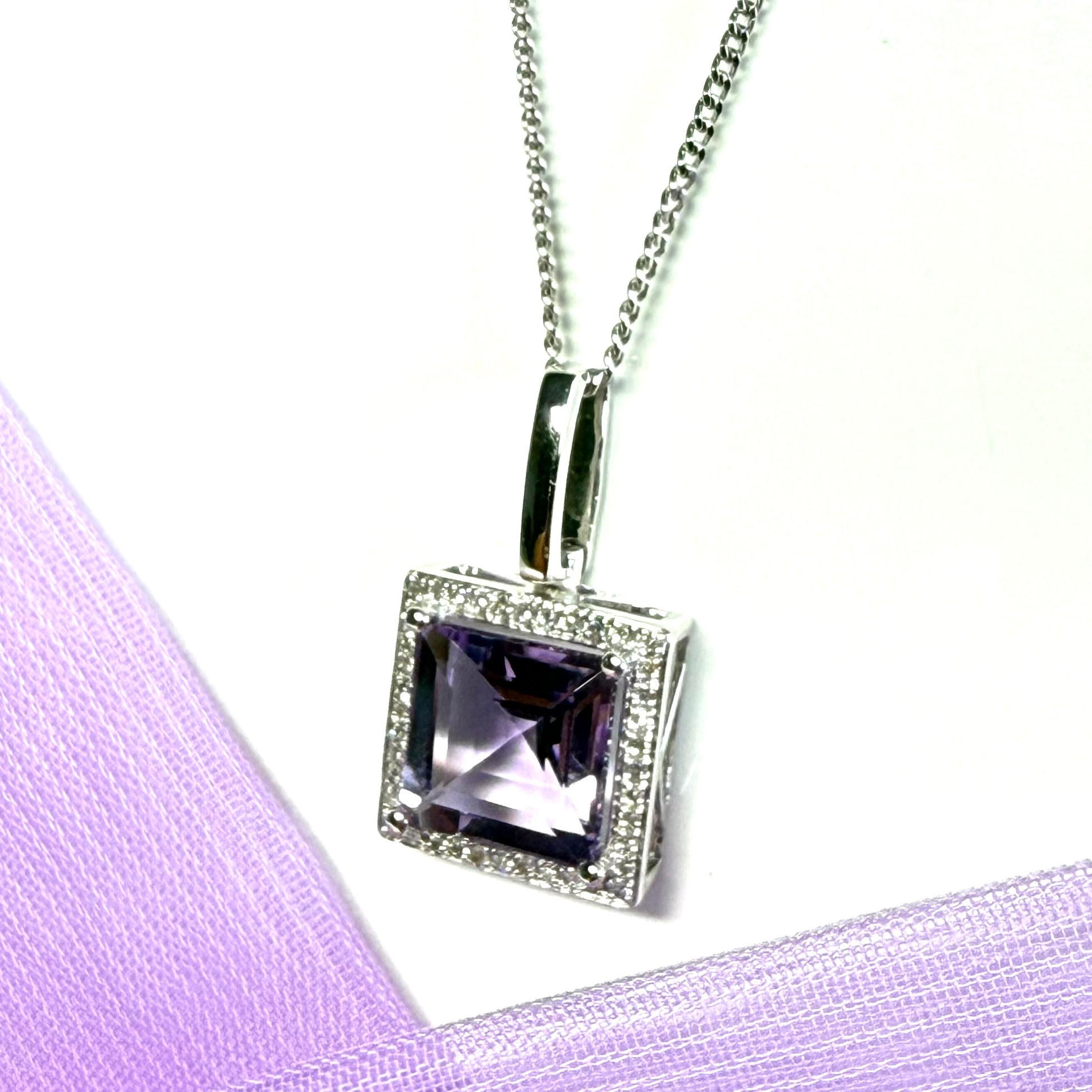Square shaped purple real amethyst and real diamond white gold necklace pendant