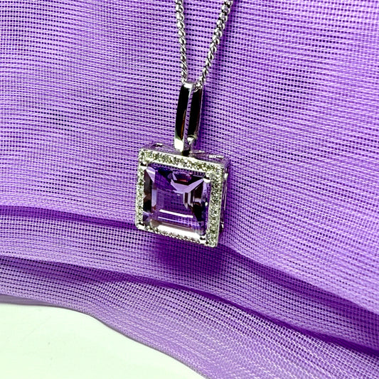Square shaped purple real amethyst and real diamond white gold necklace pendant