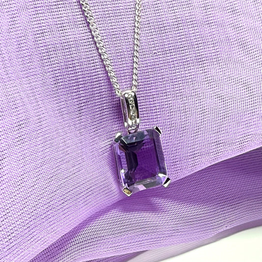 Square shaped purple real amethyst necklace and cubic zirconia sterling silver pendant