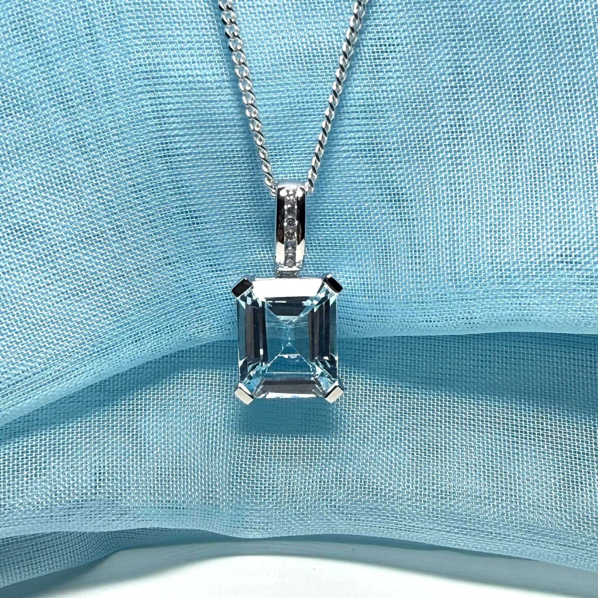 Square shaped real blue topaz necklace and cubic zirconia sterling silver pendant