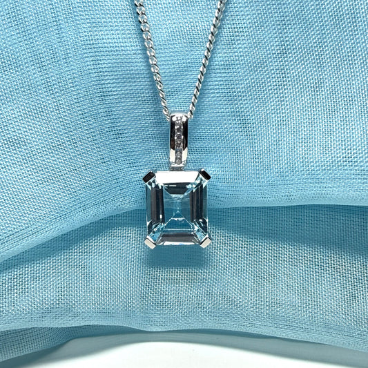 Square shaped real blue topaz necklace and cubic zirconia sterling silver pendant