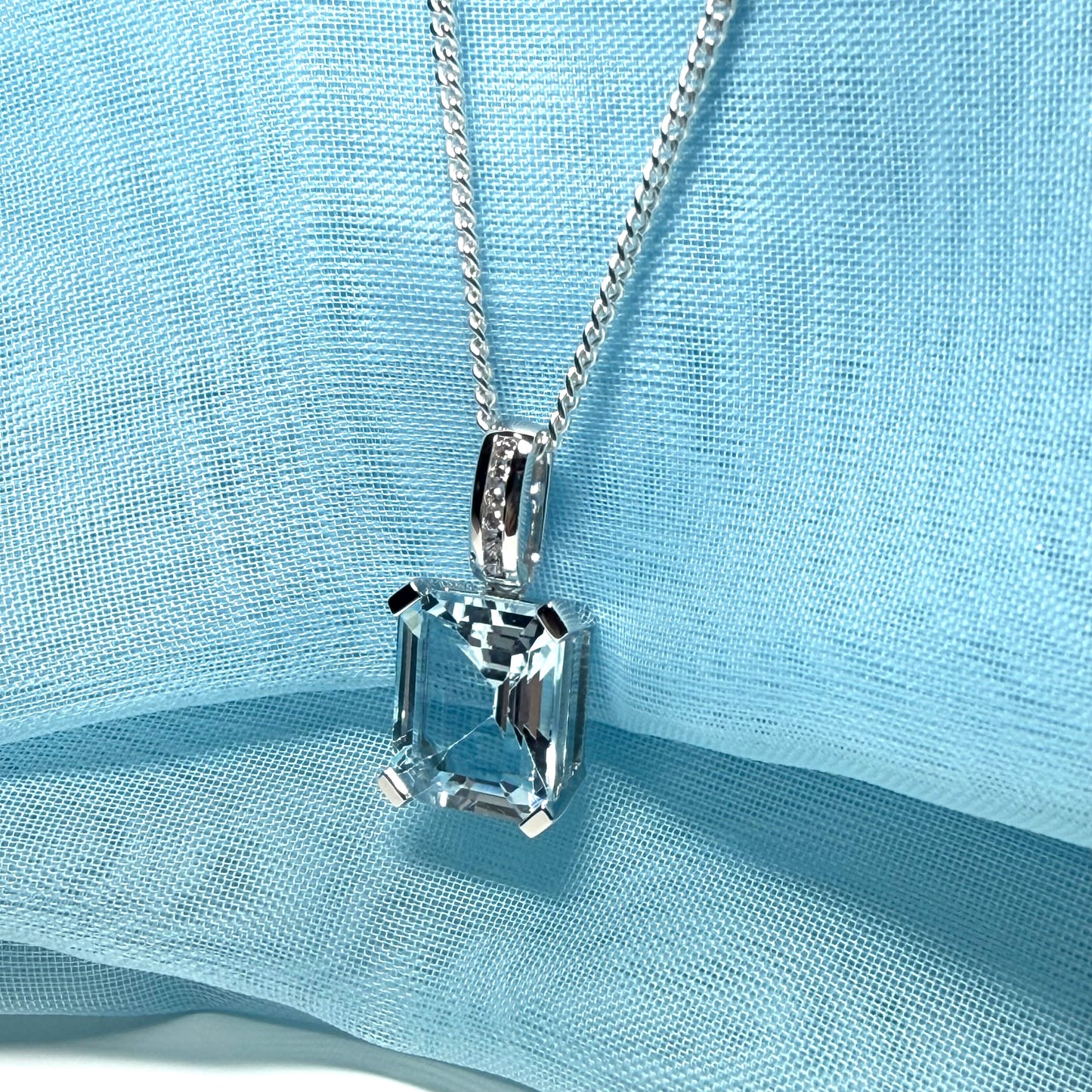 Square shaped real blue topaz necklace and cubic zirconia sterling silver pendant
