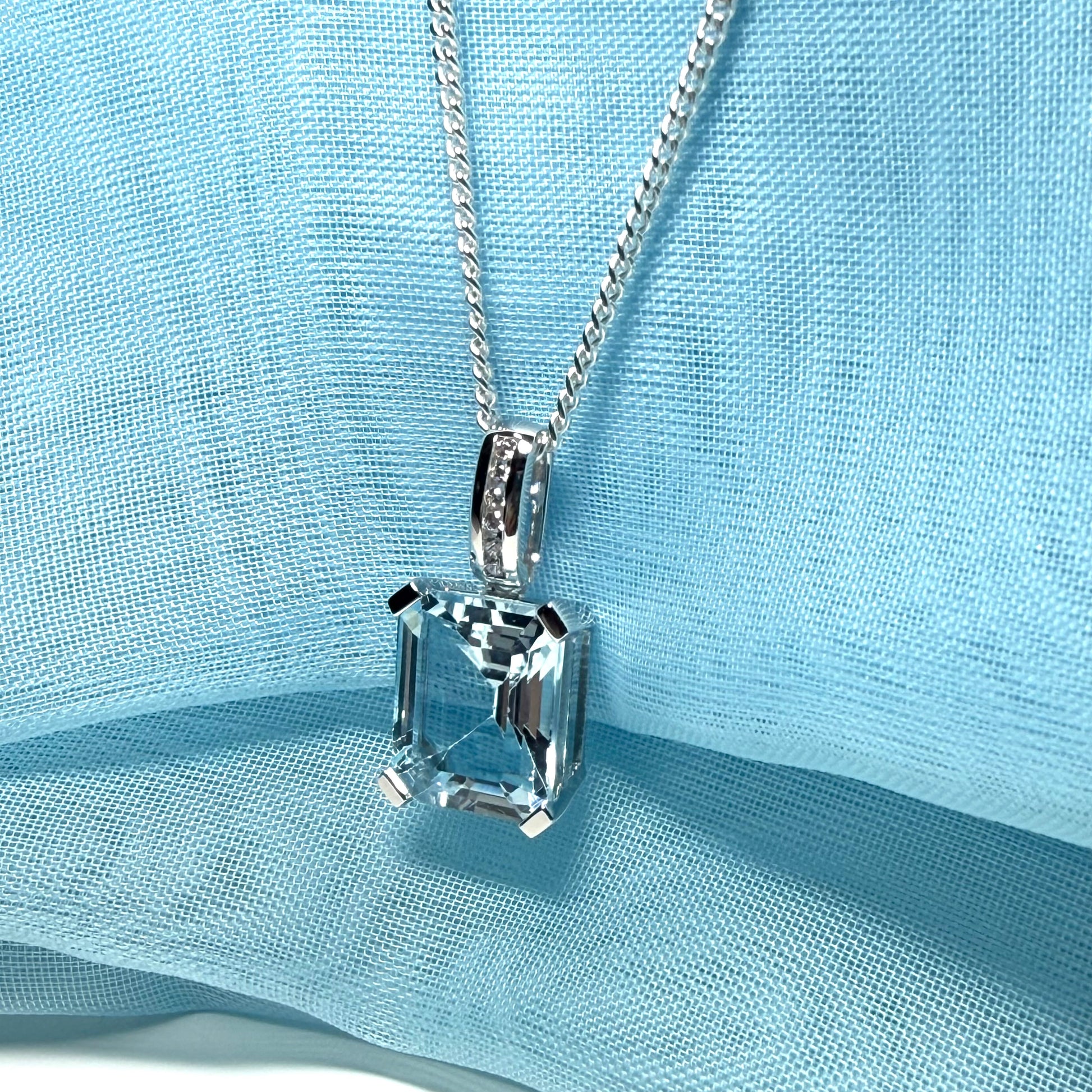 Square shaped real blue topaz necklace and cubic zirconia sterling silver pendant