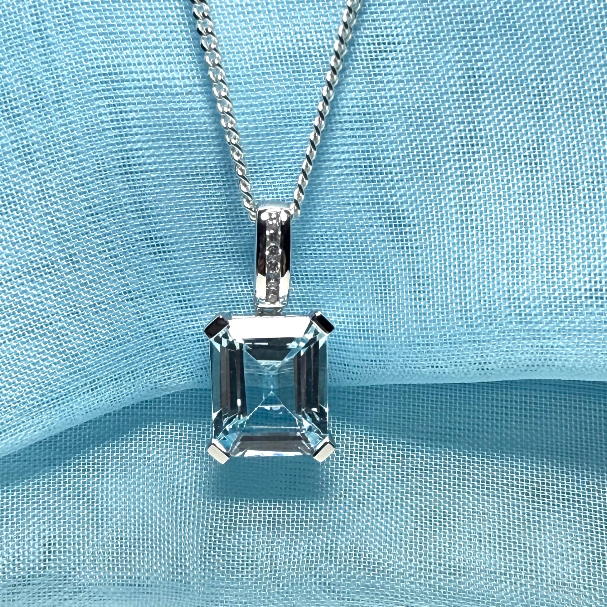Square shaped real blue topaz necklace and cubic zirconia sterling silver pendant