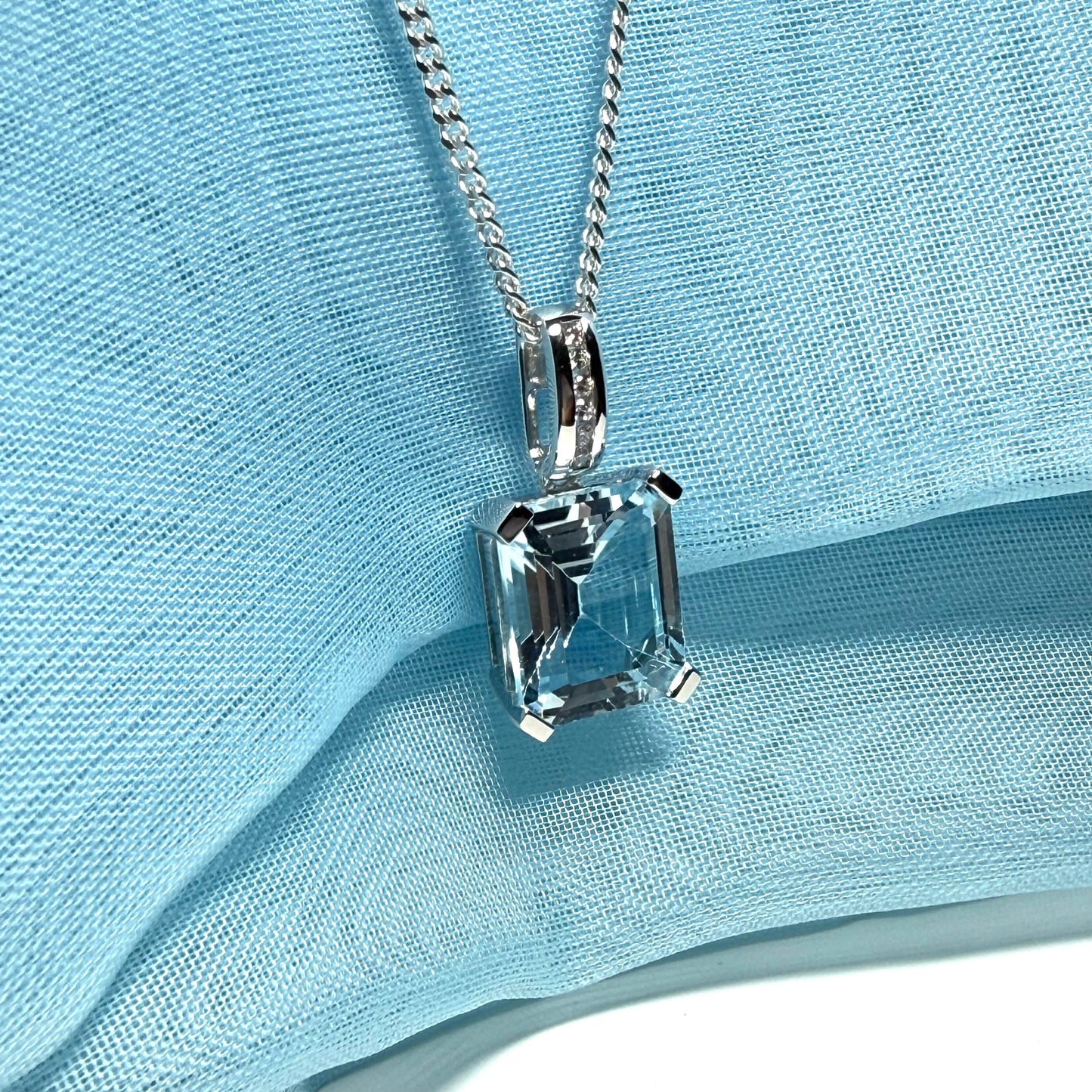 Square shaped real blue topaz necklace and cubic zirconia sterling silver pendant