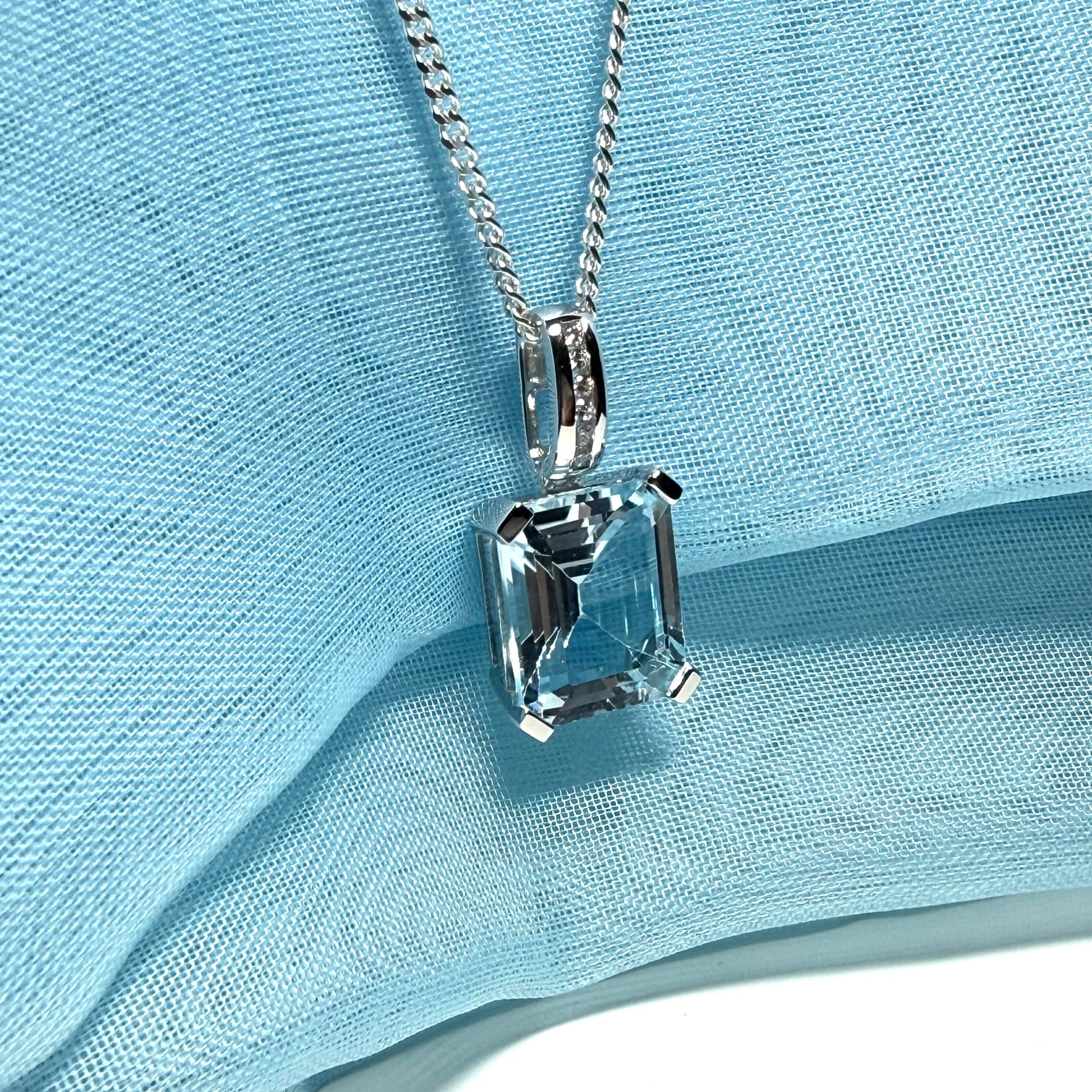 Square shaped real blue topaz necklace and cubic zirconia sterling silver pendant