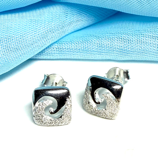 Square shaped sparkling frosted brushed sterling silver stud earrings