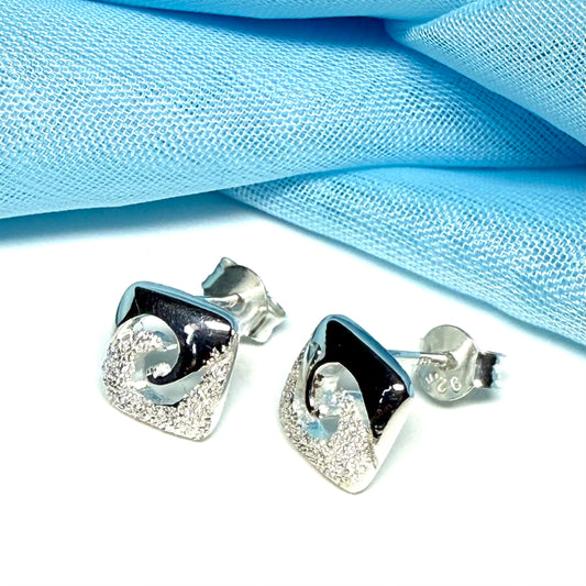 Square shaped sparkling frosted brushed sterling silver stud earrings