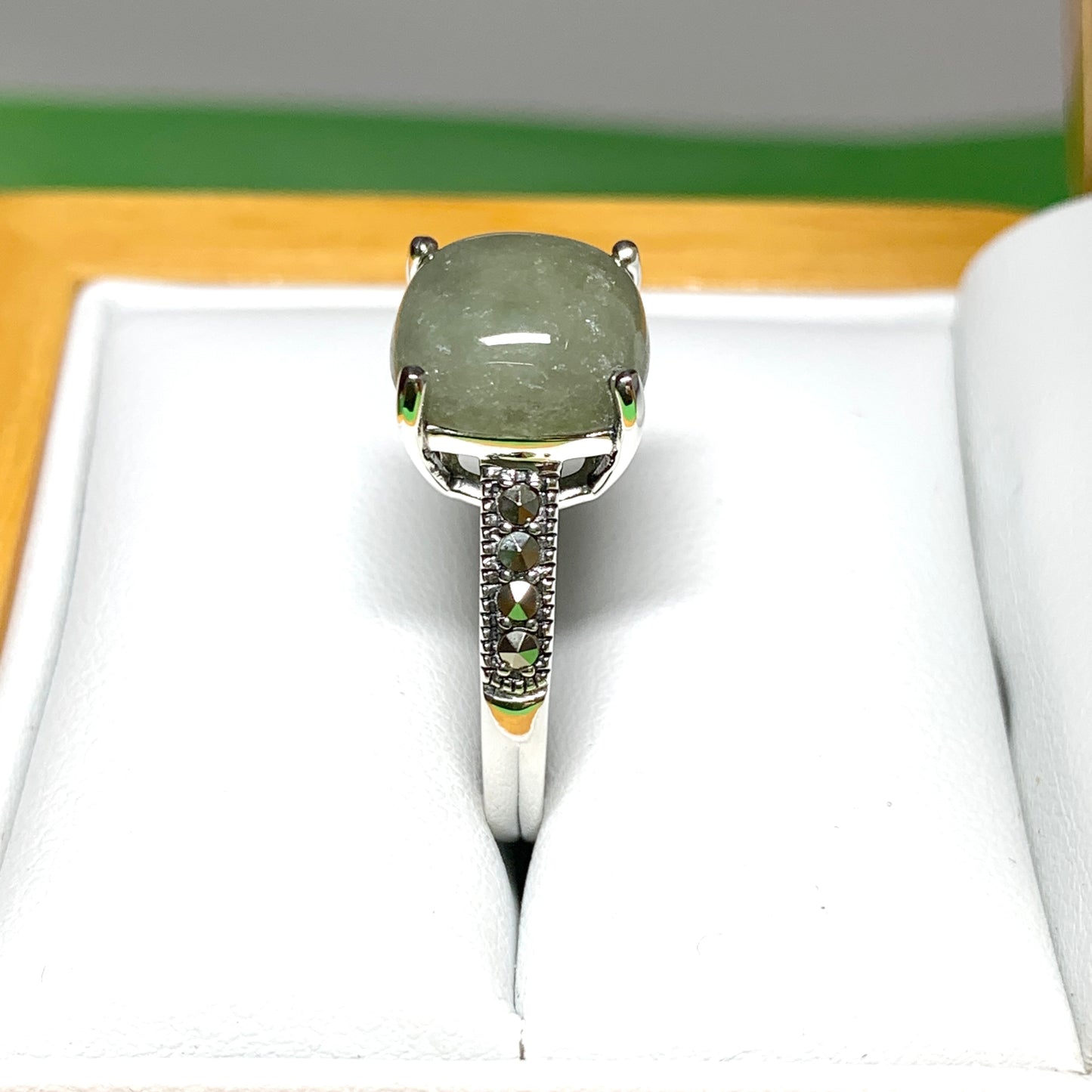 Square green jade and marcasite cushion shaped sterling silver ring