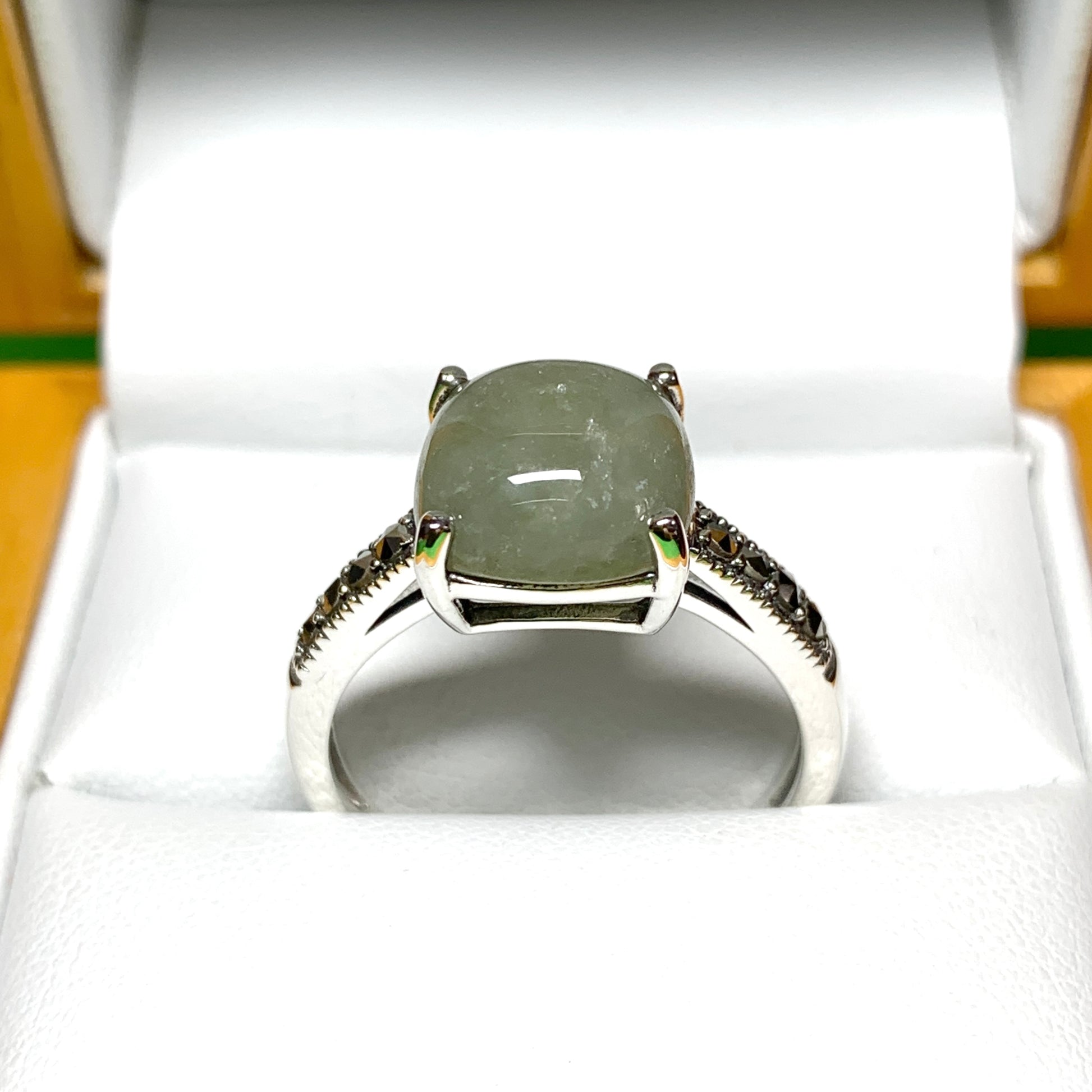 Square green jade and marcasite cushion shaped sterling silver ring