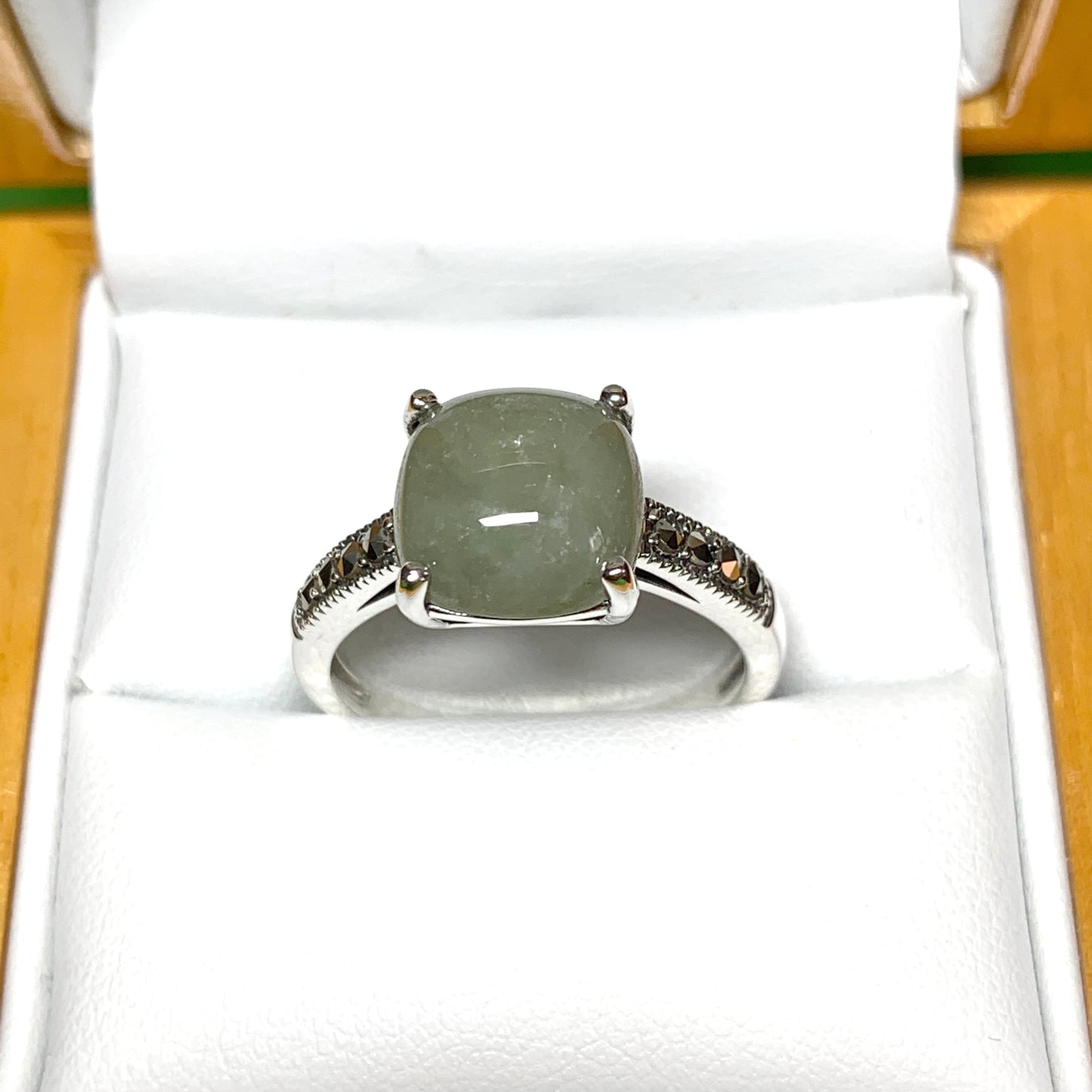 Square green jade and marcasite cushion shaped sterling silver ring