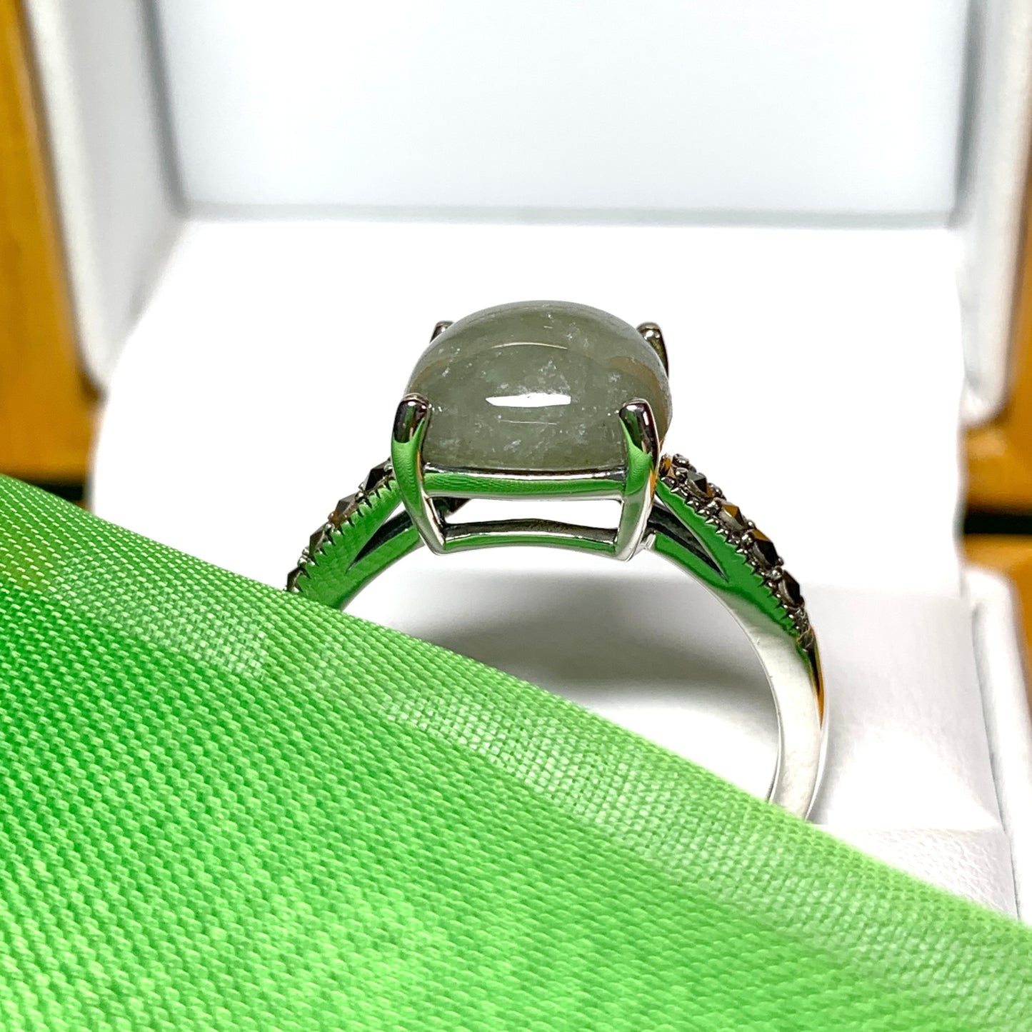 Square green jade and marcasite cushion shaped sterling silver ring
