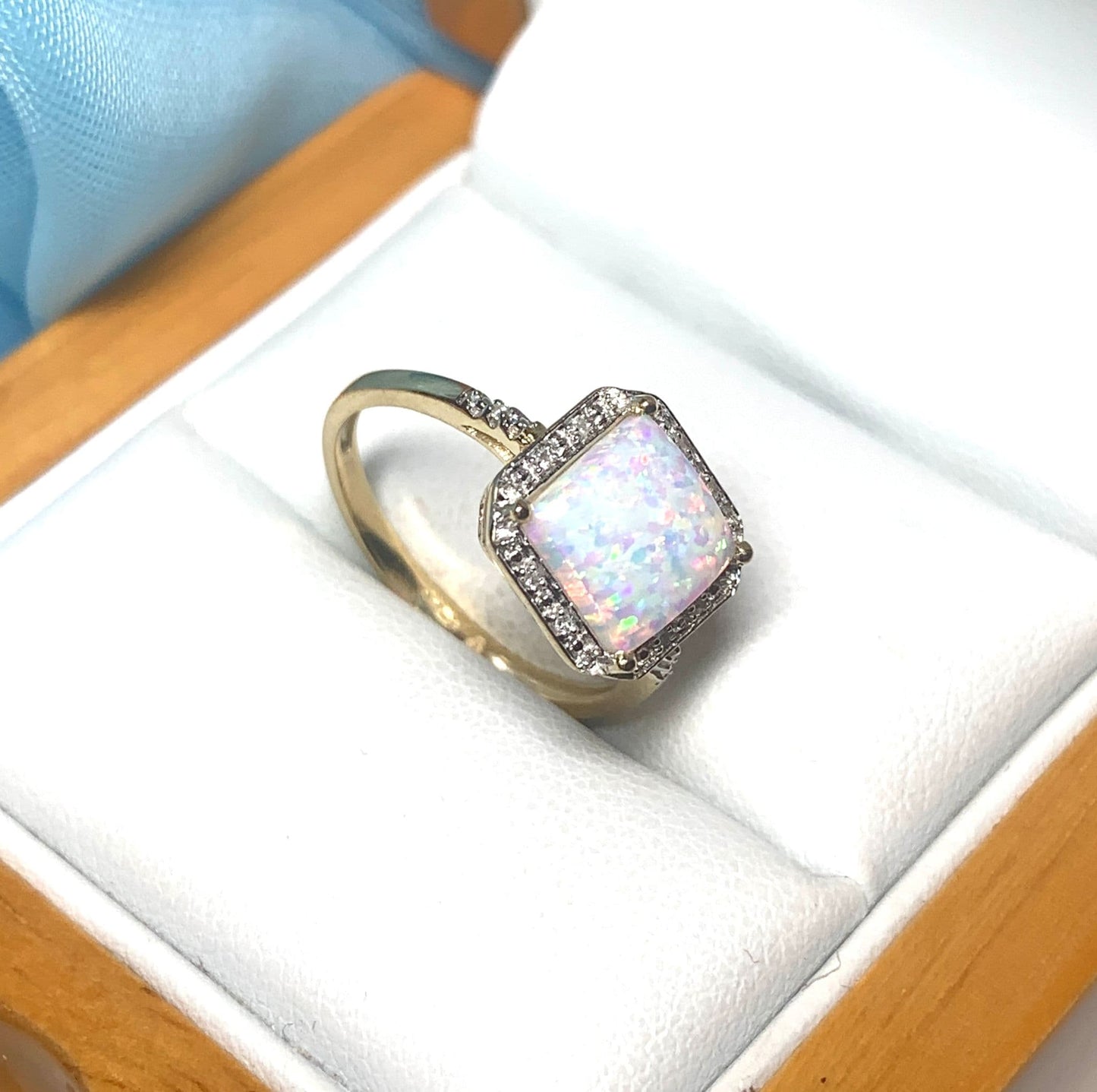 Square opal and diamond yellow gold cluster ring