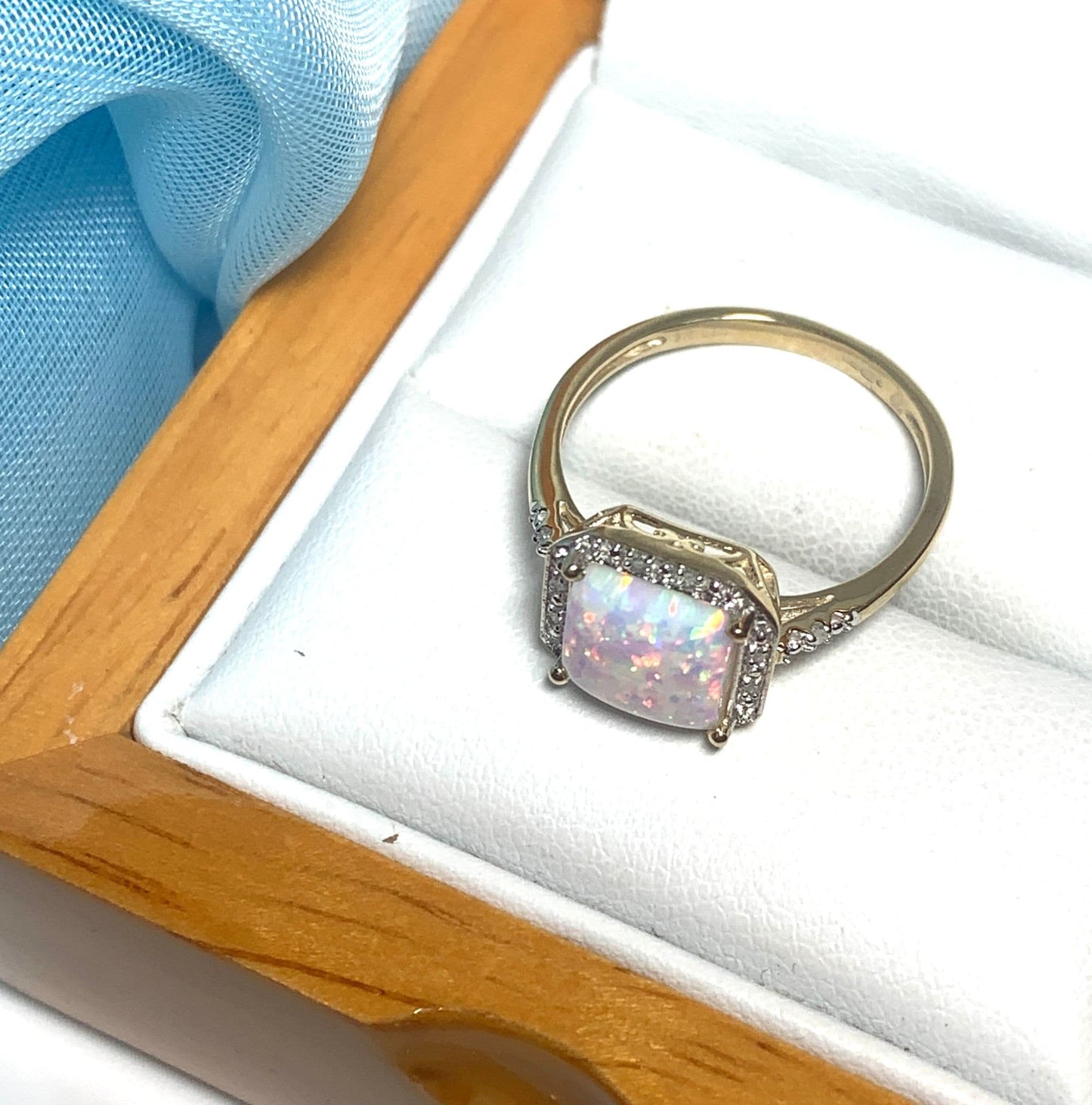 Square opal and diamond yellow gold cluster ring