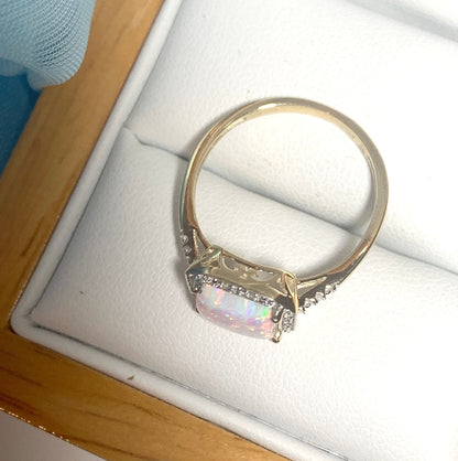 Square opal and diamond yellow gold cluster ring