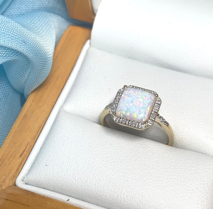 Square opal and diamond yellow gold cluster ring