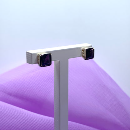 Square purple amethyst yellow gold stud earrings