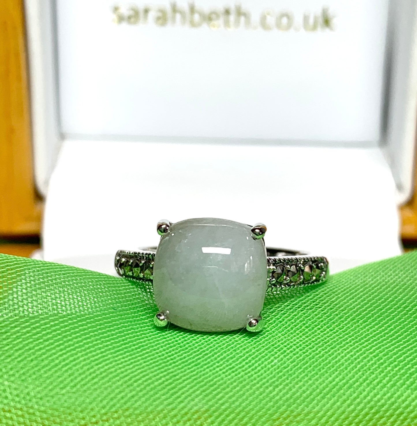 Square real green jade ring marcasite cushion shaped sterling silver