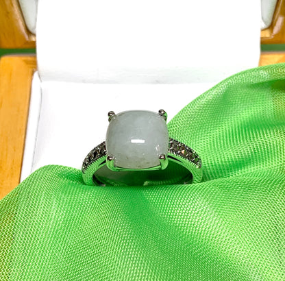 Square real green jade ring marcasite cushion shaped sterling silver