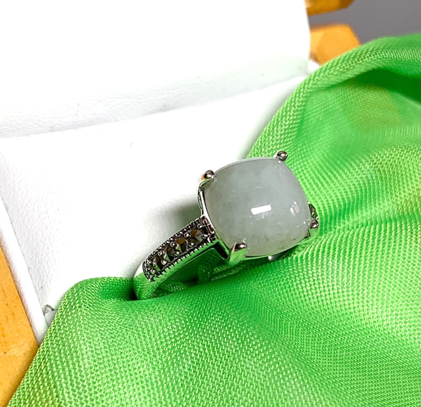 Square real green jade ring marcasite cushion shaped sterling silver