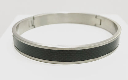 Men's Stainless Steel Black Carbon Fibre Effect Hinged Bangle