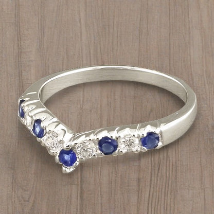 Sterling Silver Blue Sapphire And Cubic Zirconia Wishbone Ring