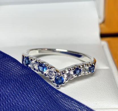 Sterling Silver Blue Sapphire And Cubic Zirconia Wishbone Ring