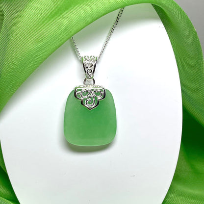 Sterling Silver Cushion Shaped Green Jade Necklace