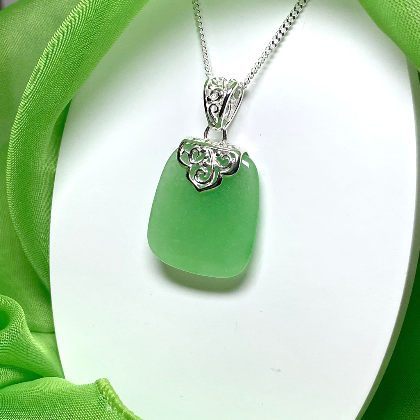 Sterling Silver Cushion Shaped Green Jade Necklace