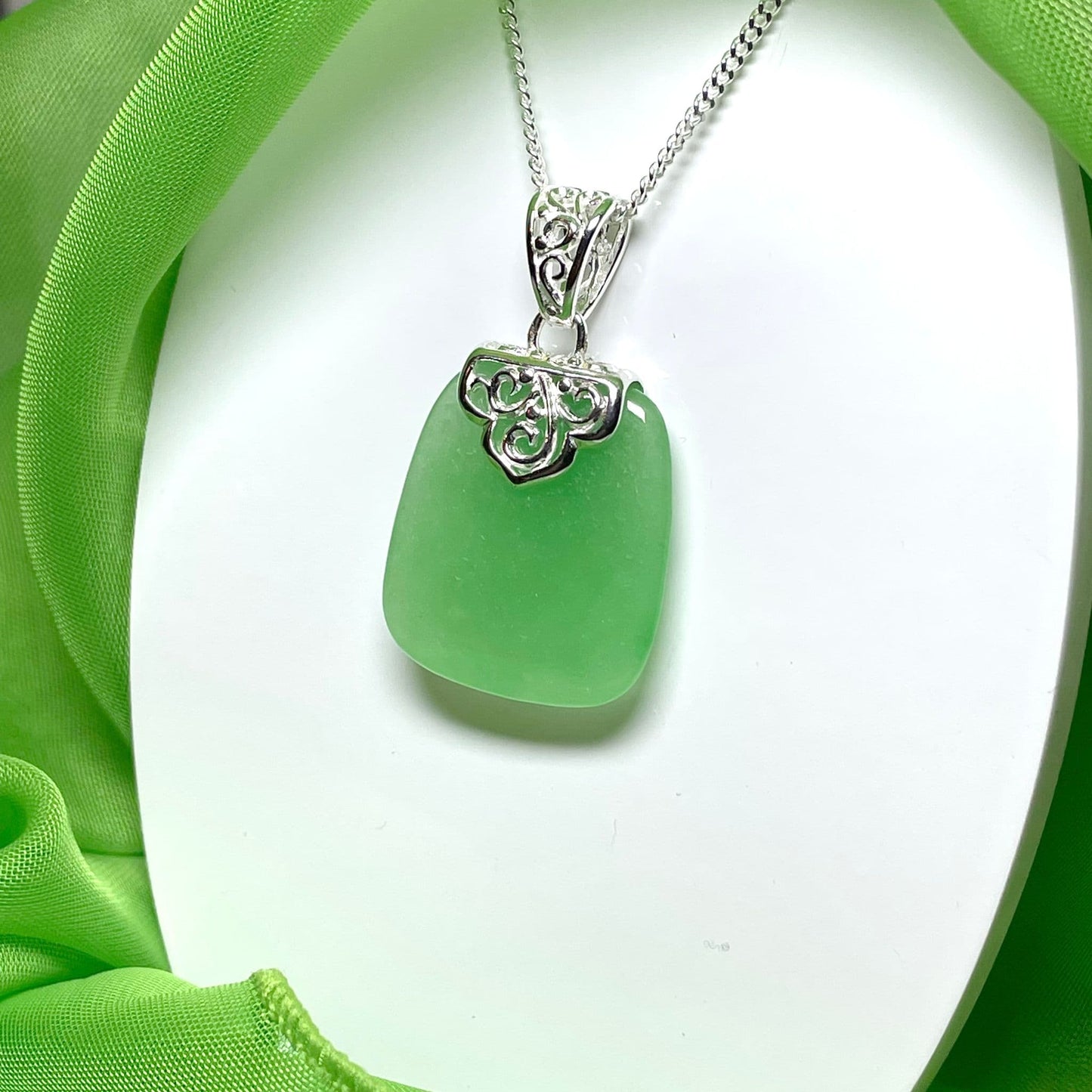 Sterling Silver Cushion Shaped Green Jade Necklace