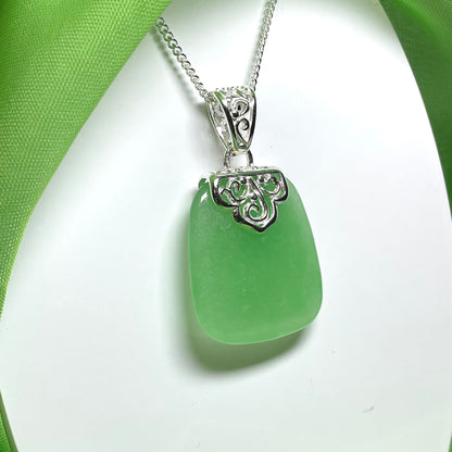 Sterling Silver Cushion Shaped Green Jade Necklace