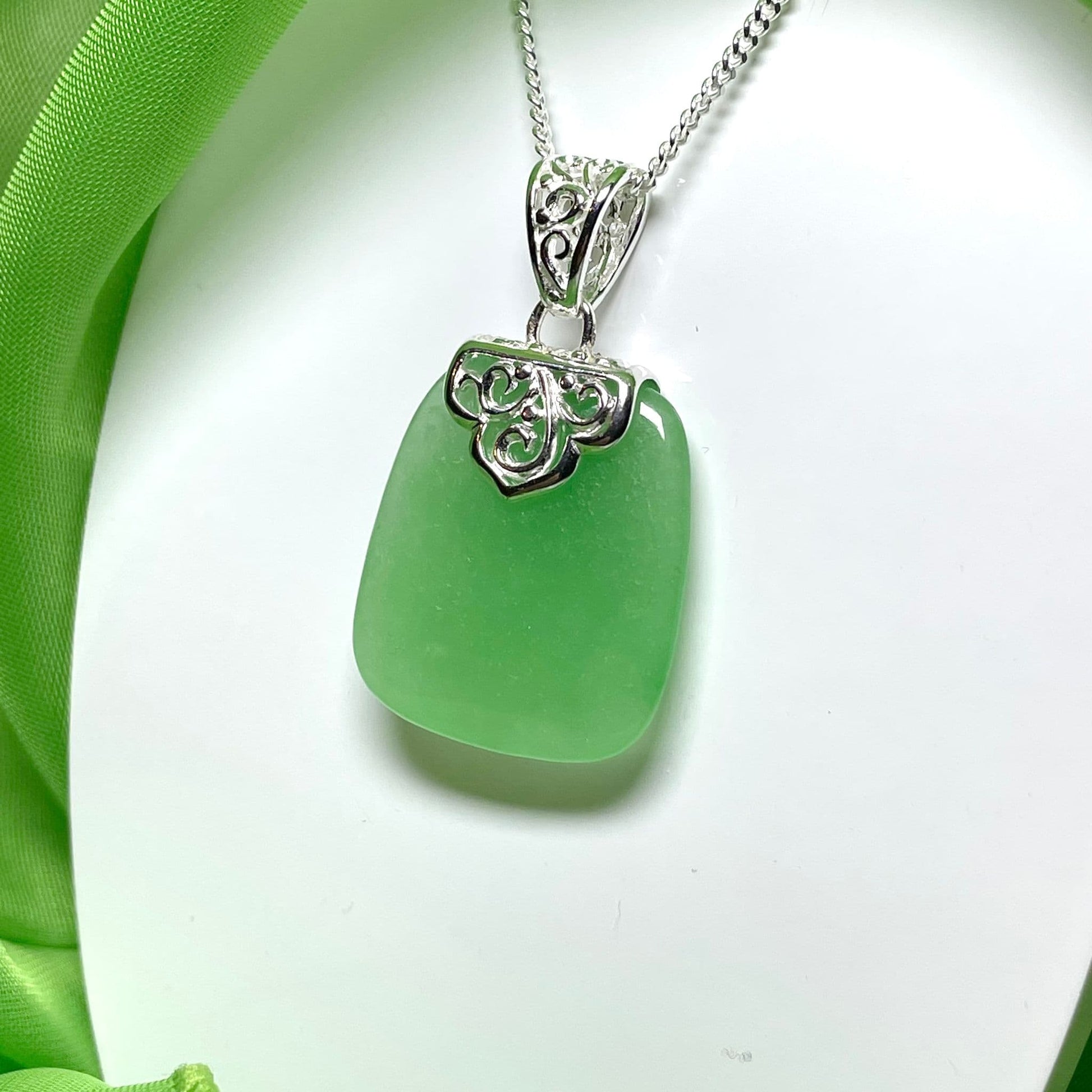 Sterling Silver Cushion Shaped Green Jade Necklace