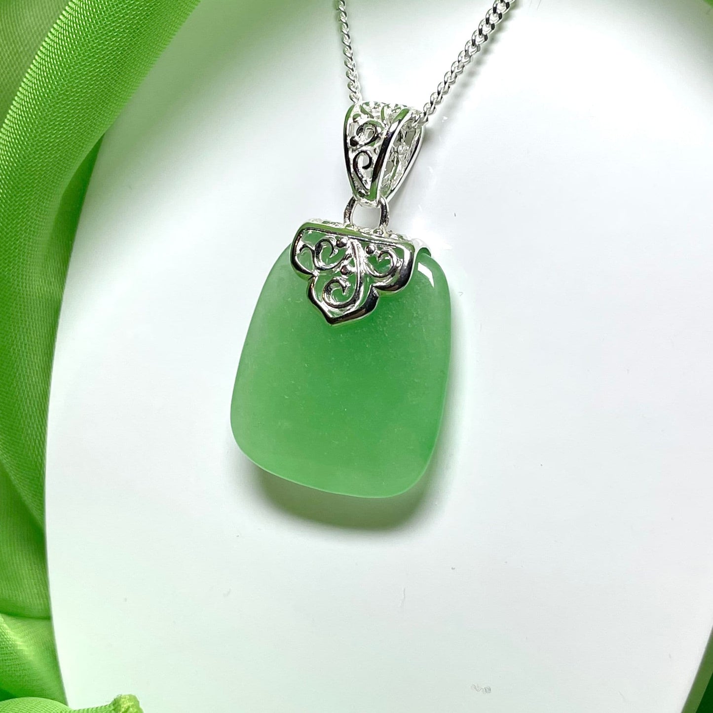 Sterling Silver Cushion Shaped Green Jade Necklace