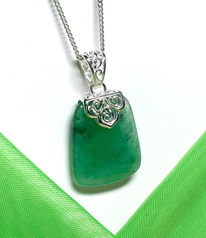 Sterling Silver Cushion Shaped Real Green Jade Necklace Pendant