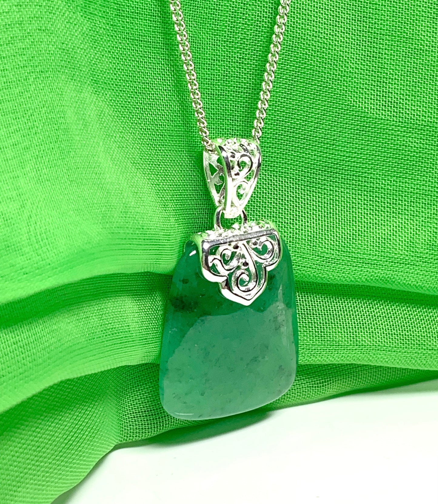 Sterling Silver Cushion Shaped Real Green Jade Necklace Pendant