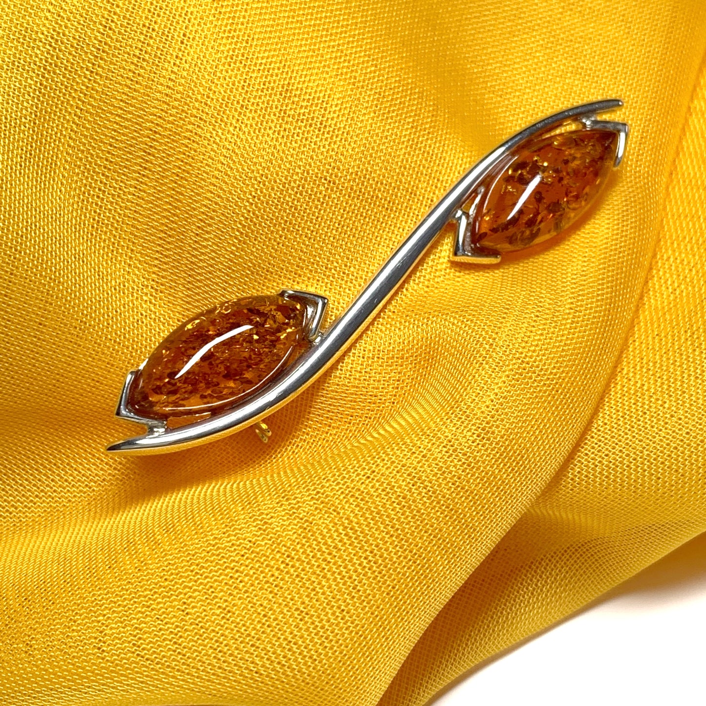 Sterling silver double marquise amber brooch