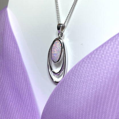 Sterling Silver Pierced Double Oval Opal Necklace