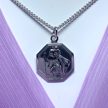 Sterling Silver Octagonal St. Christopher Including Chain 14 mm