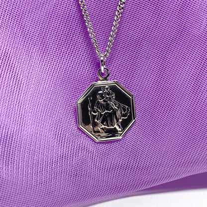 Sterling Silver Octagonal St. Christopher Including Chain 14 mm