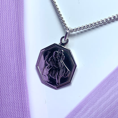 Sterling Silver Octagonal St. Christopher Including Chain 14 mm