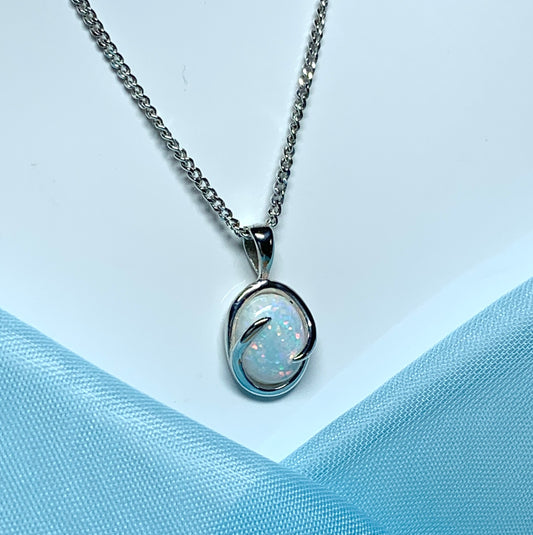 Sterling Silver Opal Oval Necklace With Swirl Edging