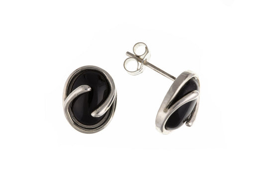 Sterling Silver Oval Black Onyx Swirl Stud Earrings
