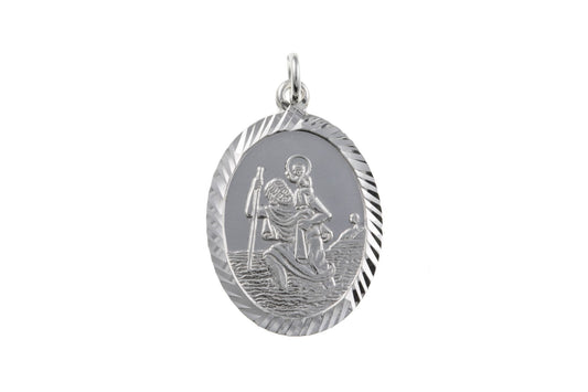 Sterling Silver Oval St. Christopher Including Chain Diamond Cut Edges
